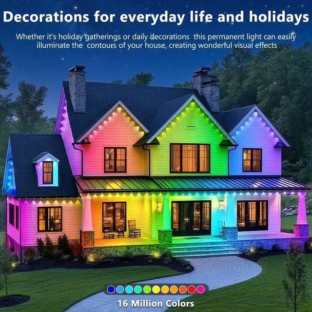 Alt view image 4 of 7 - 300FT Permanent Outdoor Lights,RGB Eaves Light with App Control Remote,DIY Scene Modes IP67 Waterproof Under Eave Lighting,Outdoor Lights for Decor,Garden Decor,House,Party,Holiday