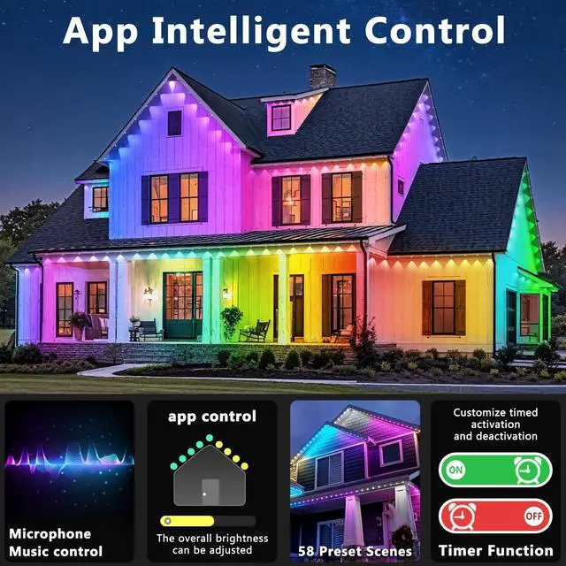 Alt view image 5 of 7 - 300FT Permanent Outdoor Lights,RGB Eaves Light with App Control Remote,DIY Scene Modes IP67 Waterproof Under Eave Lighting,Outdoor Lights for Decor,Garden Decor,House,Party,Holiday