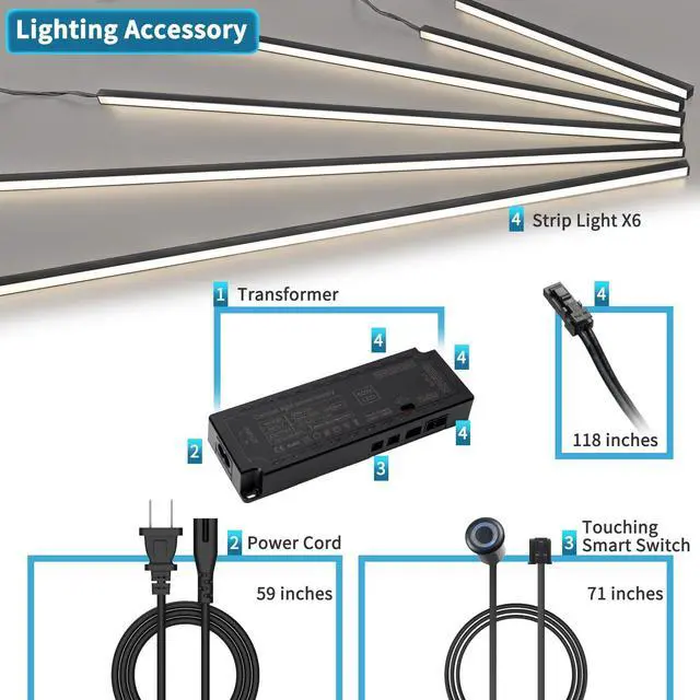 Alt view image 6 of 7 - LED Recessed Lighting Kit - 6pcs Self-adhesive White LED Light with Smart Switch, 3000k Touching Switch Light for Wood Slat Wall Panels, Headboards, Stairs, Home decor, Under Cabinet Strip Light