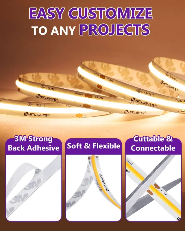 Alt view image 6 of 7 - COB LED Strip Lights Warm White 3000K, 32.8ft Premium High Density 24V Tape Light, 5120 LEDs, 350+ LM/FT, CRI 90+, IP30, Lighting for Kitchen, Cabinets, UL Listed (Power Source Not Included)