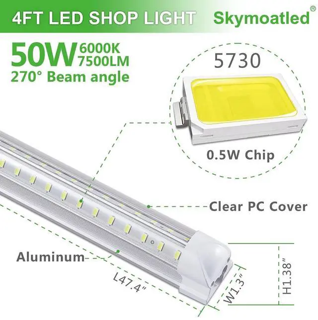Alt view image 2 of 7 - 8Pack 4FT LED Shop Light Garage Lights,50W 6000K 7500LM White Light,Hanging/Surface Mount,T8 4FT Tube Lamp for Warehouse Workshop Basement,Linkable LED Shop Lights,Plug and Play