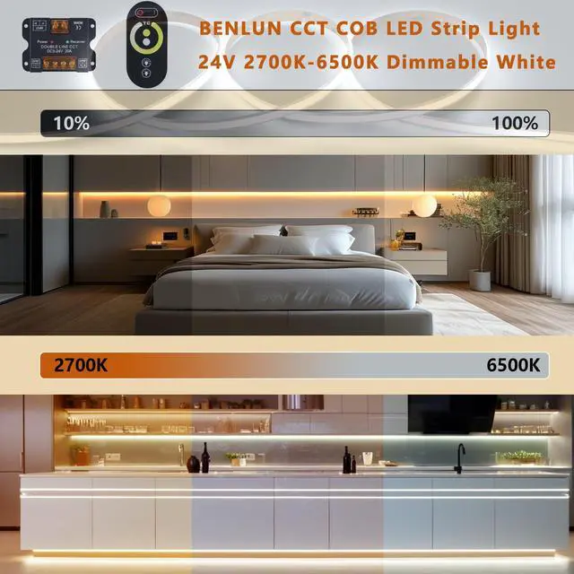 Alt view image 2 of 7 - 24V CCT COB LED Strip Lights Kit 65.6ft (2 Rolls of 32.8ft), 2700K-6500K Dimmable White Cuttable LED Tape Light CRI 93 with Remote Controller and Power Supply for Bedroom Indoor Decoration