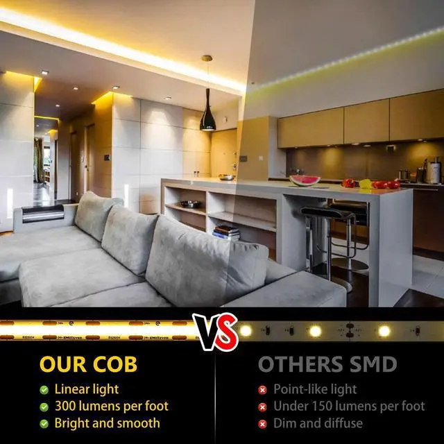 Alt view image 2 of 7 - COB LED Strip Lights Warm White 32.8ft, 3000K 24V Dimmable Tape Light Premium High Density, 305LM+/ft, 4800LEDs, Ra 90+, 3W/FT, UL Listed for Cabinets, Shelves(Power Supply Sold Separately)