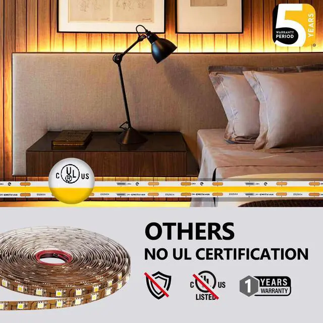 Alt view image 5 of 7 - COB LED Strip Lights Warm White 32.8ft, 3000K 24V Dimmable Tape Light Premium High Density, 305LM+/ft, 4800LEDs, Ra 90+, 3W/FT, UL Listed for Cabinets, Shelves(Power Supply Sold Separately)