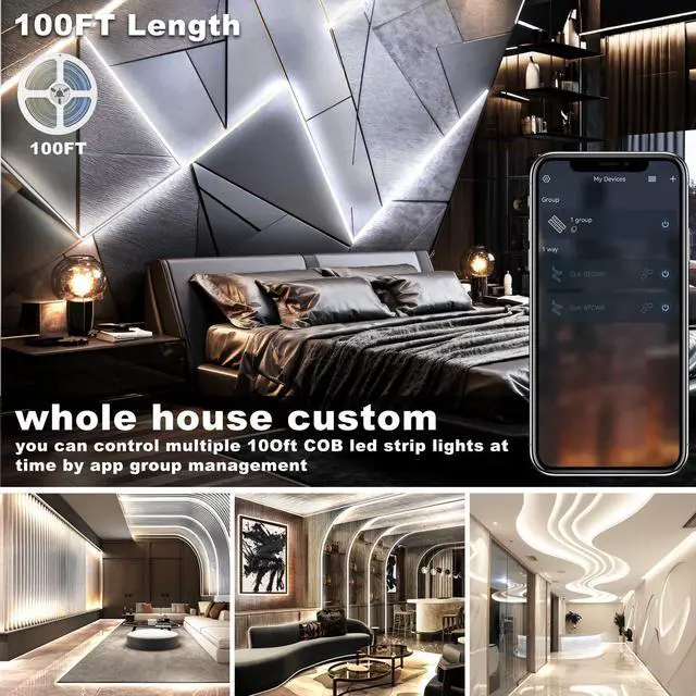 Alt view image 6 of 7 - 100FT COB Led Strip Lights, Uniform 6500K COB Rope Light,Bright Daylight White lights,High Density,App/Remote Control,Indoor 24V Cuttable Cabinet Lights for Bedroom,Bookshelf,Showcase,Kitchen