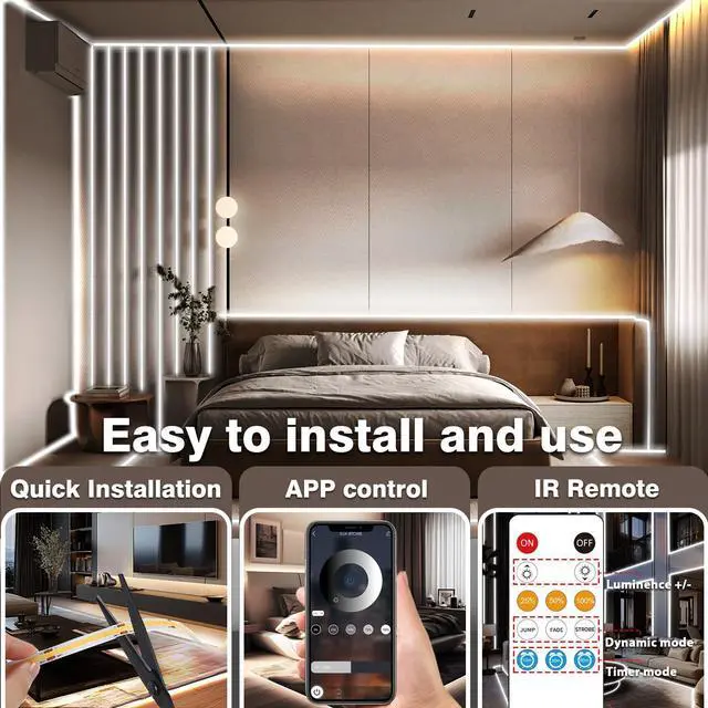 Alt view image 7 of 7 - 100FT COB Led Strip Lights, Uniform 6500K COB Rope Light,Bright Daylight White lights,High Density,App/Remote Control,Indoor 24V Cuttable Cabinet Lights for Bedroom,Bookshelf,Showcase,Kitchen