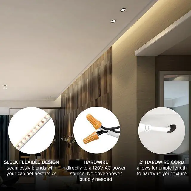 Alt view image 4 of 7 - 60 in. Hardwired LED Under Cabinet Strip Light, 2300 Lumens, 3000K Warm White, Kitchen and Living Room 120V White Cove Lighting, No Power Supply Needed