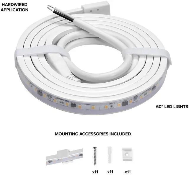 Alt view image 3 of 7 - 60 in. Hardwired LED Under Cabinet Strip Light, 2300 Lumens, 3000K Warm White, Kitchen and Living Room 120V White Cove Lighting, No Power Supply Needed