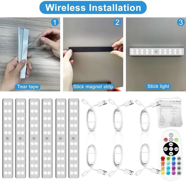 Alt view image 7 of 7 - Under Cabinet Lighting Wireless with Remote, 48 LED Rechargeable Under Cabinet Lights, Kitchen Counter Lights Dimmable LED Closet Light RGB Bar for Shelf, Car, Hallway, 15 Color Changing, 6 Pack