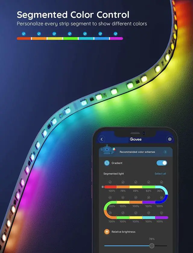 Alt view image 3 of 6 - 65.6ft RGBIC LED Strip Lights, Color Changing LED Strips, App Control via Bluetooth, Smart Segmented Control, Multiple Scenes, Enhanced Music Sync LED Lights for Bedroom, Home Decor (2 X 32.8ft)
