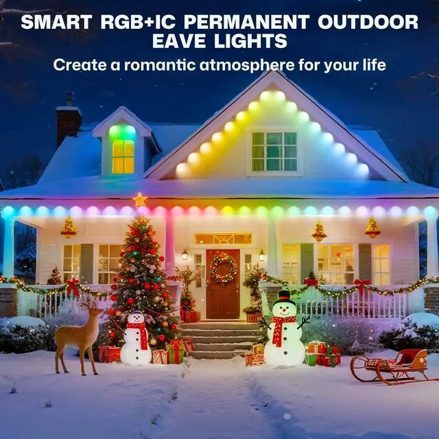 Alt view image 2 of 7 - Permanent Outdoor Lights, 100ft Smart Eave Lights with 72 LED Lights, IP67 Waterproof, App Control, Outdoor String Lights, DIY RGB+IC Light for House Christmas Halloween Decorations, White