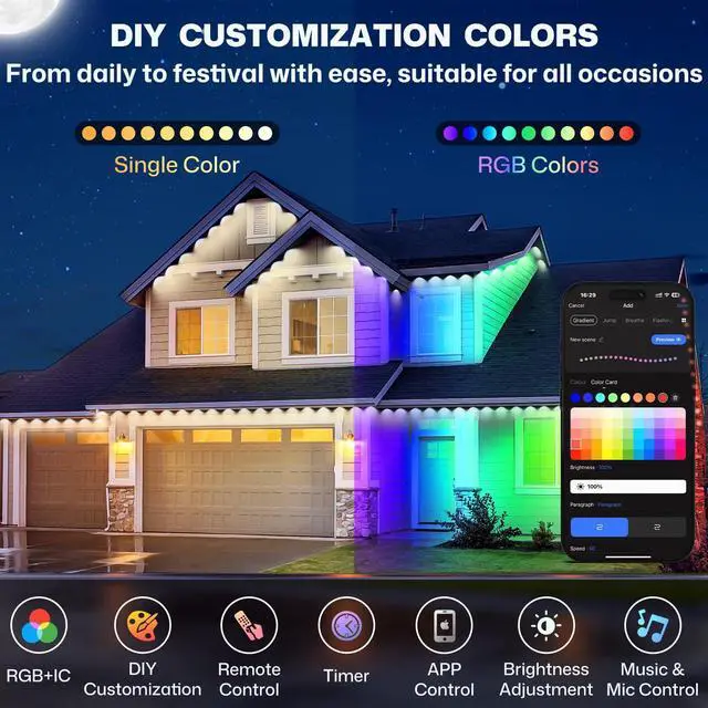 Alt view image 3 of 7 - Permanent Outdoor Lights, 100ft Smart Eave Lights with 72 LED Lights, IP67 Waterproof, App Control, Outdoor String Lights, DIY RGB+IC Light for House Christmas Halloween Decorations, White