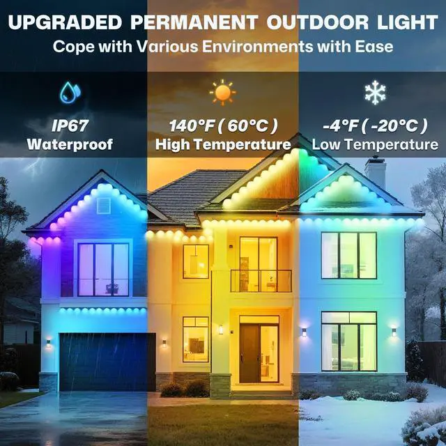 Alt view image 5 of 7 - Permanent Outdoor Lights, 100ft Smart Eave Lights with 72 LED Lights, IP67 Waterproof, App Control, Outdoor String Lights, DIY RGB+IC Light for House Christmas Halloween Decorations, White