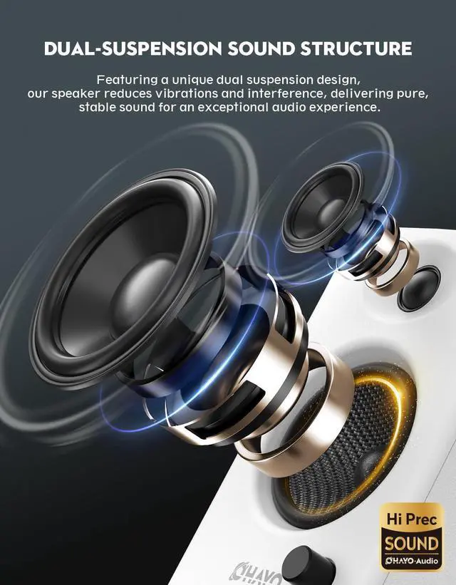 Alt view image 3 of 7 - 60W Computer Speakers for Gaming and Music, Active Bluetooth 5.3, Stereo 2.0 Speakers for Desktop PC Monitor or Laptop, Surround Sound Speaker, 3.5 mm Aux RCA Input, USB-Powered, 1 Pair, White