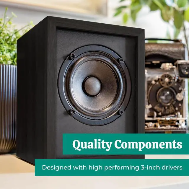 Alt view image 4 of 7 - Huntley Powered Bookshelf Speakers with Built-in Amplifier and 3" Drivers for Turntable, TV, PC and Wireless Music Streaming Featuring Bluetooth 5, RCA and Aux (EB10B)