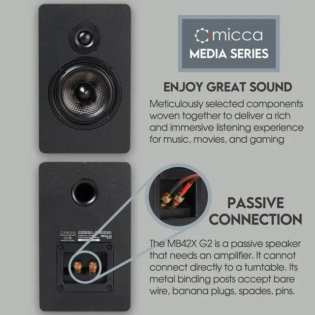 Alt view image 2 of 7 - MB42X G2 Premium 2-Way Passive Bookshelf Speakers, Stereo Pair, Black | Amplifier Required, Upgraded 4-Inch Carbon-Fiber Woofer, 0.75-Inch Silk-Dome Tweeter, Desktop, Home Theater, Surround Sound