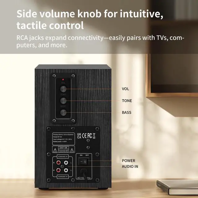 Alt view image 7 of 7 - Powered Bookshelf Speakers 35W RMS,Record Player Speakers with 4'' Woofer and 1'' Tweeters with Wall Mounted for TV and PC,Turntable Speaker with RCA Input,Black