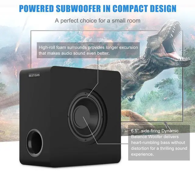 Alt view image 2 of 7 - Powered Subwoofer, 6.5'' Side Firing Home Audio Sub, Deep Bass Response Subwoofers, Easy Setup with Home Theater Systems, TV, Speakers, RCA, LFE, AUX Input, High-Level Speaker Input & Output