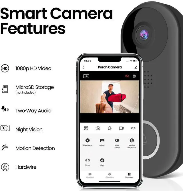 Alt view image 2 of 7 - Doorbell Camera, 2.4 GHz WiFi, No Hub, Two-Way Audio, Motion Detection, Night Vision, 1080p HD, Micro SD Card Storage, Wireless Chime Included, Hardwired, CAM/Door/WiFi