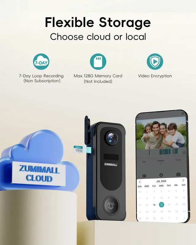 Alt view image 7 of 7 - Doorbell Camera Wireless - 2K Video Doorbell with Chime, 2 Way Audio, Voice Changer, 30s Voice Message, Anti-Theft, AI Detection, Cloud Storage, 2.4GHz WiFi, Battery Powered, Work with Alexa