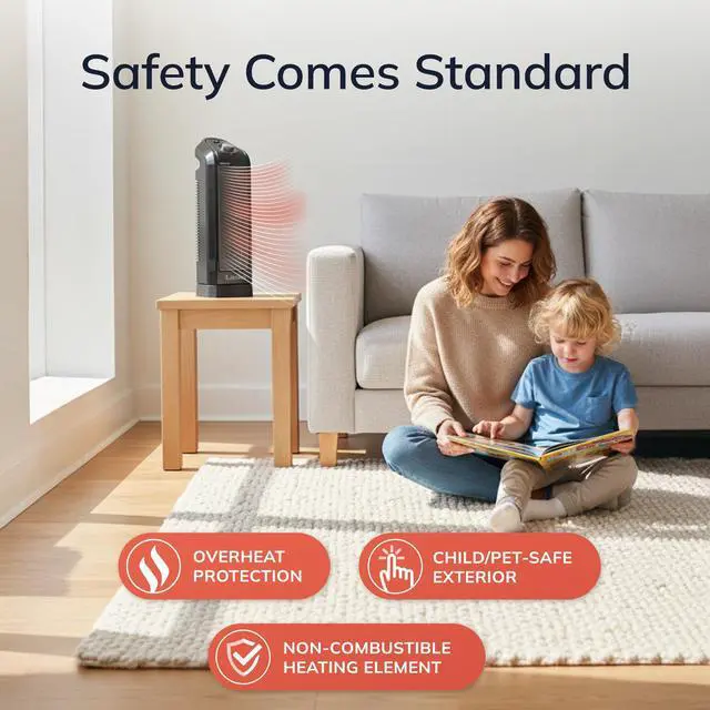 Alt view image 4 of 7 - Oscillating Ceramic Space Heater for Home with Overheat Protection, Thermostat, and 3 Speeds, 15.7 Inches, Black, 1500W, CT16450, Small, 4 Pounds