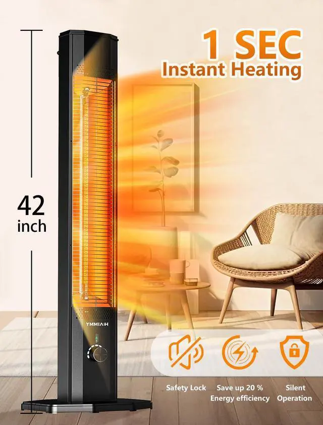 Alt view image 2 of 7 - Outdoor Electric Patio Heater, 42in Infrared Heater with Remote, 9 Heat Levels, 9H Timers, 1500W Instant Heating, Safety Lock, Tip-Over & Overheat Protection, IPX5 Waterproof Tower Space Heater