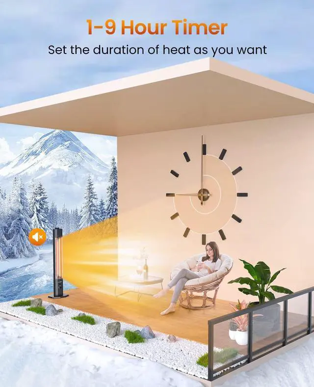 Alt view image 4 of 7 - Outdoor Electric Patio Heater, 42in Infrared Heater with Remote, 9 Heat Levels, 9H Timers, 1500W Instant Heating, Safety Lock, Tip-Over & Overheat Protection, IPX5 Waterproof Tower Space Heater