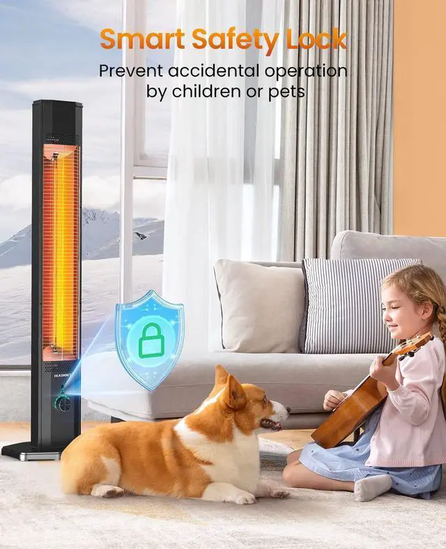 Alt view image 6 of 7 - Outdoor Electric Patio Heater, 42in Infrared Heater with Remote, 9 Heat Levels, 9H Timers, 1500W Instant Heating, Safety Lock, Tip-Over & Overheat Protection, IPX5 Waterproof Tower Space Heater