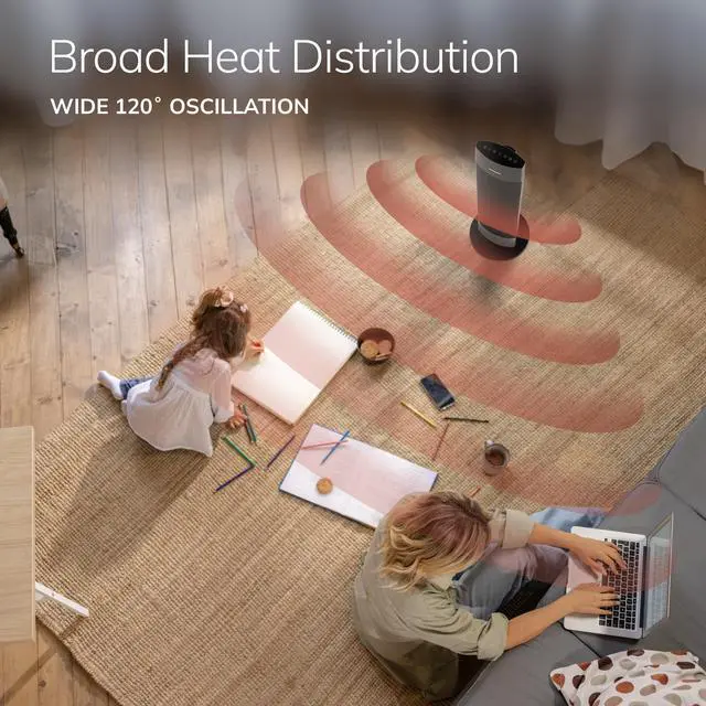 Alt view image 2 of 7 - Ellipse Ceramic Tower Heater for Home with Tip-Over Switch, Digital Display, Thermostat, Wide Oscillation, Remote, Timer, For Bedroom, Office, Living Room, Den, 24 Inches, 1500W, Black, CT24950