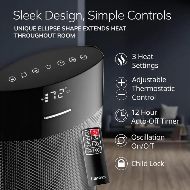 Alt view image 3 of 7 - Ellipse Ceramic Tower Heater for Home with Tip-Over Switch, Digital Display, Thermostat, Wide Oscillation, Remote, Timer, For Bedroom, Office, Living Room, Den, 24 Inches, 1500W, Black, CT24950