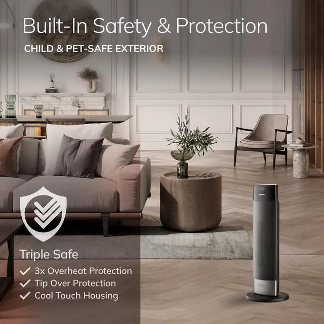 Alt view image 5 of 7 - Ellipse Ceramic Tower Heater for Home with Tip-Over Switch, Digital Display, Thermostat, Wide Oscillation, Remote, Timer, For Bedroom, Office, Living Room, Den, 24 Inches, 1500W, Black, CT24950