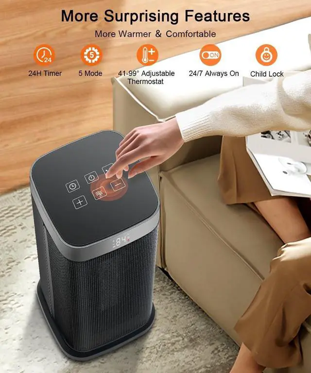 Alt view image 6 of 6 - Space Heater for Indoor Use, 1500W Electric & Portable Ceramic Heaters with 80°Oscillating, Thermostat, 5 Modes, 24Hrs Timer, Room Heater with Remote, Fast Heating Safe for Office Bedroom Use