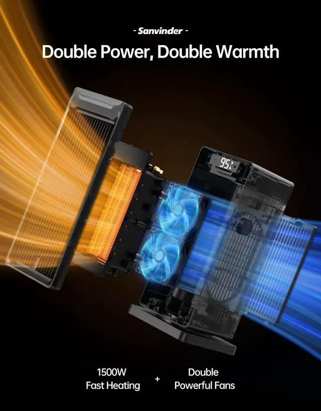 Alt view image 2 of 6 - SANVINDER Space Heater, 1500W Space Heaters for Indoor Use Electric Heater for Bedroom, ECO Thermostat 90° Oscillating 24H Timer, Fast Heating, Remote Control, Safe for Home Office Room