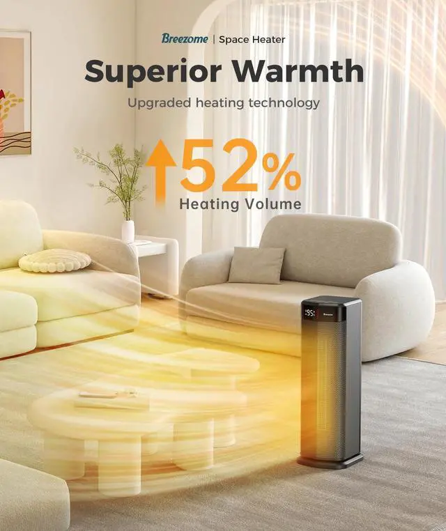 Alt view image 2 of 7 - Space Heater for Indoor Use, 1500W Fast Heating PTC Ceramic Electric Heater with Thermostat, 90°Oscillating, 24H Timer, Ideal for Home Office Bedroom