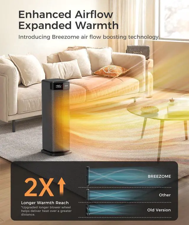 Alt view image 4 of 7 - Space Heater for Indoor Use, 1500W Fast Heating PTC Ceramic Electric Heater with Thermostat, 90°Oscillating, 24H Timer, Ideal for Home Office Bedroom