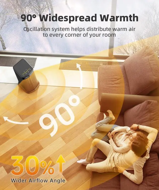 Alt view image 5 of 7 - Space Heater for Indoor Use, 1500W Fast Heating PTC Ceramic Electric Heater with Thermostat, 90°Oscillating, 24H Timer, Ideal for Home Office Bedroom