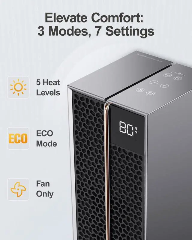 Alt view image 3 of 7 - Electric Heaters for Indoor Use, 32 Space Heater Large Room with Remote, 120° Oscillation, 5 Heat Levels, 3 Modes, Multiple Safety Protections, 1500W Ceramic Tower Heater for Bedroom, Silver