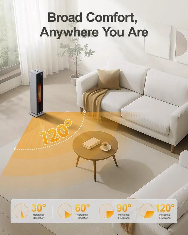 Alt view image 5 of 7 - Electric Heaters for Indoor Use, 32 Space Heater Large Room with Remote, 120° Oscillation, 5 Heat Levels, 3 Modes, Multiple Safety Protections, 1500W Ceramic Tower Heater for Bedroom, Silver