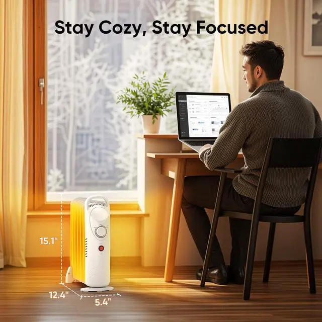 Alt view image 7 of 7 - 700W Oil Heaters for Indoor Use, Electric Radiant Heaters, Overheat Protection, Silent Operation, Adjustable Thermostat with 2 Heat Settings, Compact Electric Heater for Bedroom Office Desk