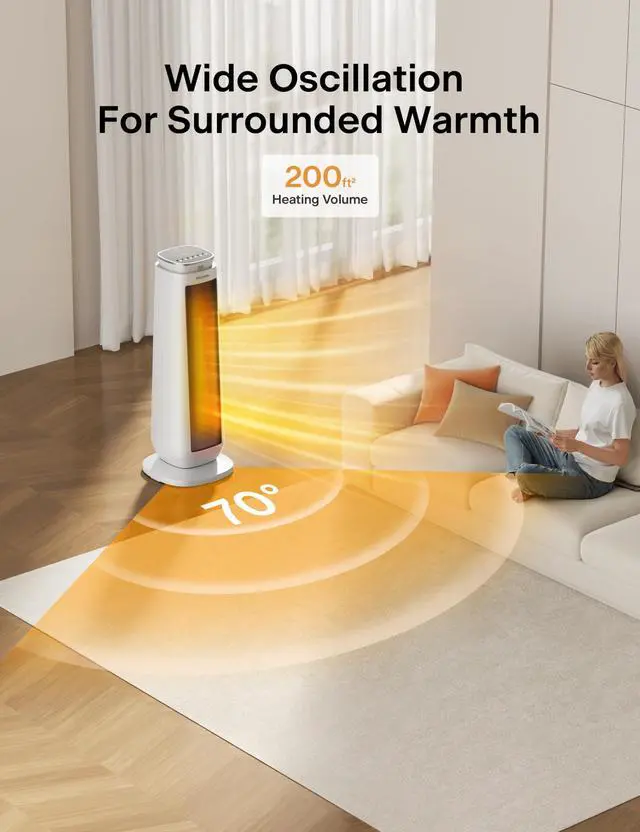 Alt view image 3 of 7 - 23 Oscillating Ceramic Tower Space Heater with Remote & Thermostat, Electric Energy Efficient Floor Heater for Indoor Use Large Room Safe with Timer, ECO Mode, 1500W, White