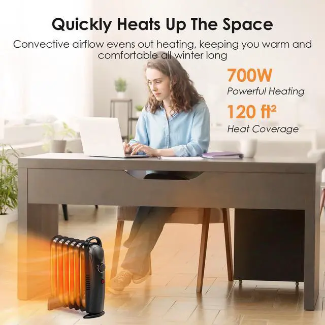 Alt view image 2 of 7 - Oil Heaters for Indoor Use, 700W Radiator Heater, Overheat Protection, Silent Operation, Adjustable Thermostat with 2 Heat Settings, Compact Electric Heater for Bedroom Office Desk, Black