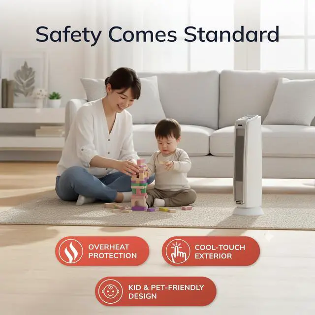 Alt view image 3 of 7 - Oscillating Ceramic Tower Space Heater for Home with Overheat Protection, Timer, 22.5 Inches, Silver, 1500W, 5775