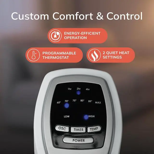 Alt view image 4 of 7 - Oscillating Ceramic Tower Space Heater for Home with Overheat Protection, Timer, 22.5 Inches, Silver, 1500W, 5775