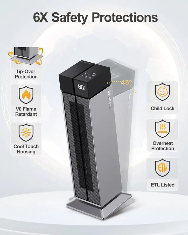 Alt view image 2 of 7 - Electric Heaters for Indoor Use, 25 Space Heater Large Room with 120° Oscillation, 3 Heat Levels, 3 Modes, Multiple Safety Protections, 12H Timer, Silver Ceramic Tower Heater for Bedroom