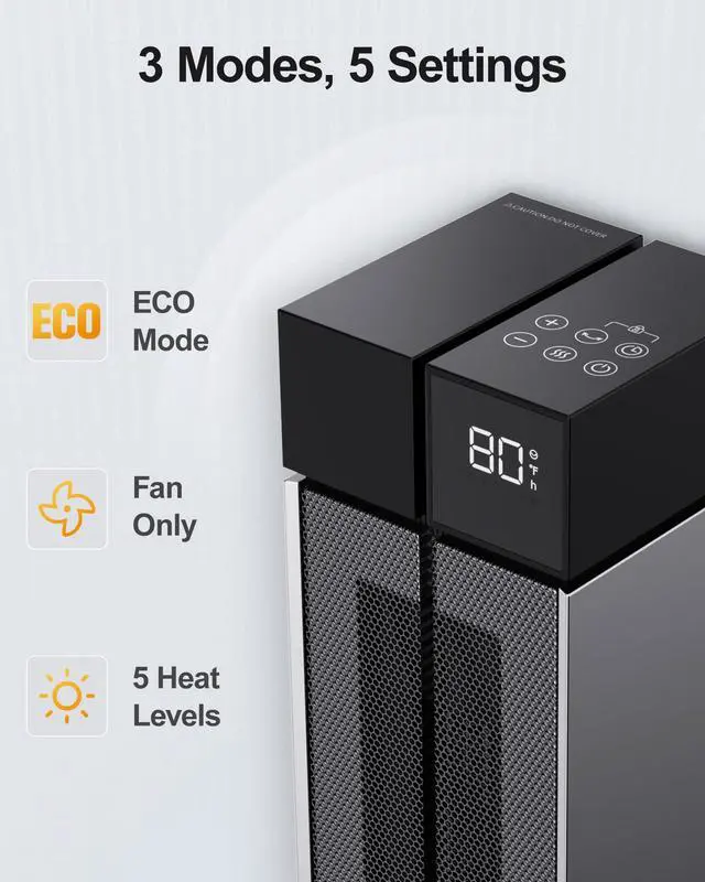 Alt view image 3 of 7 - Electric Heaters for Indoor Use, 25 Space Heater Large Room with 120° Oscillation, 3 Heat Levels, 3 Modes, Multiple Safety Protections, 12H Timer, Silver Ceramic Tower Heater for Bedroom