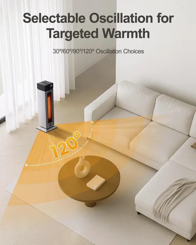 Alt view image 5 of 7 - Electric Heaters for Indoor Use, 25 Space Heater Large Room with 120° Oscillation, 3 Heat Levels, 3 Modes, Multiple Safety Protections, 12H Timer, Silver Ceramic Tower Heater for Bedroom