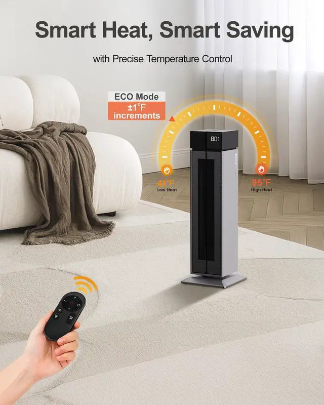 Alt view image 4 of 7 - Electric Heaters for Indoor Use, 25 Space Heater Large Room with 120° Oscillation, 3 Heat Levels, 3 Modes, Multiple Safety Protections, 12H Timer, Silver Ceramic Tower Heater for Bedroom
