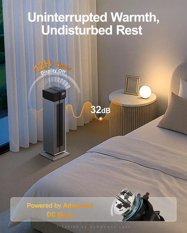 Alt view image 7 of 7 - Electric Heaters for Indoor Use, 25 Space Heater Large Room with 120° Oscillation, 3 Heat Levels, 3 Modes, Multiple Safety Protections, 12H Timer, Silver Ceramic Tower Heater for Bedroom