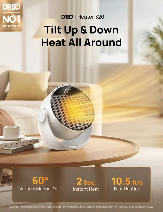 Alt view image 2 of 7 - Space Heater 1500W, 60° Adjustable Tilt, 10.5ft/s Portable Electric Heaters for Indoor Use with Thermostat, 8 Safety Protections, 3 Modes, Remote, Quiet Desk Heater for Bedroom, Office, White