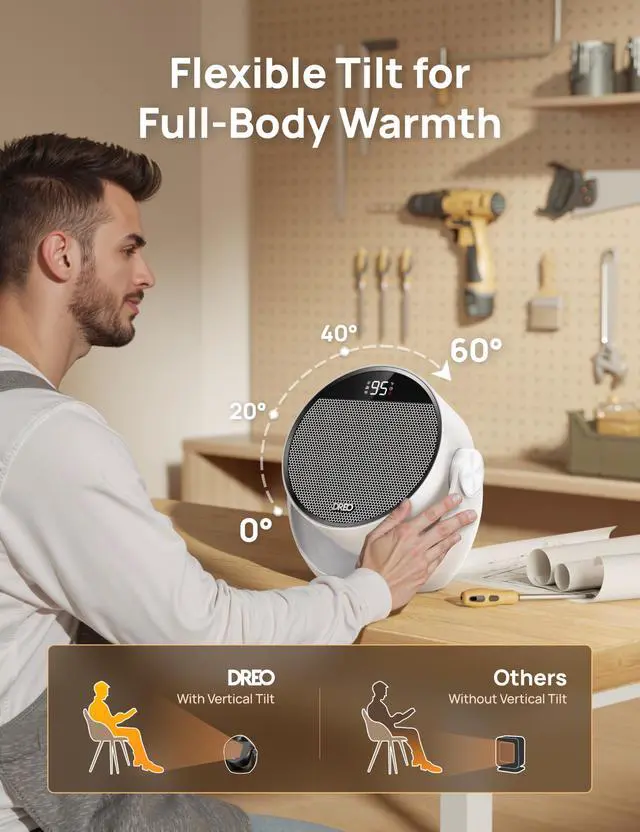 Alt view image 5 of 7 - Space Heater 1500W, 60° Adjustable Tilt, 10.5ft/s Portable Electric Heaters for Indoor Use with Thermostat, 8 Safety Protections, 3 Modes, Remote, Quiet Desk Heater for Bedroom, Office, White